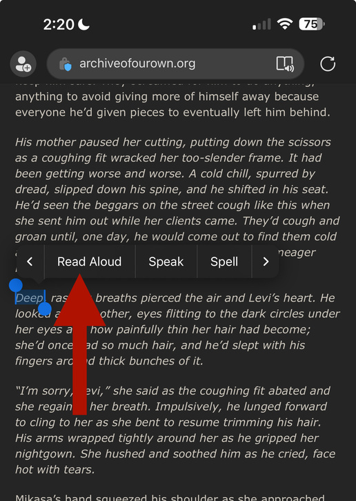 screenshot of a page with a word highlighted in Edge with an arrow pointing to Read Aloud