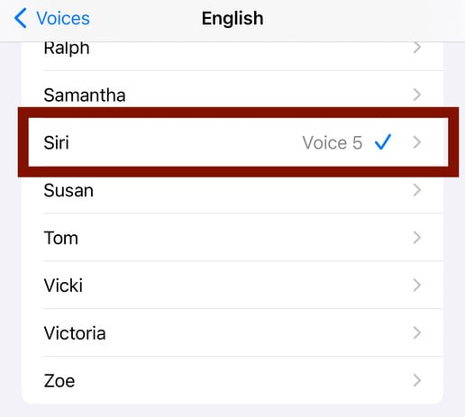 an iphone menu with a list of English language voices