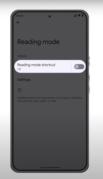 an image of the Reading Mode menu showing the toggle to turn enable the Reading Mode Shortcut