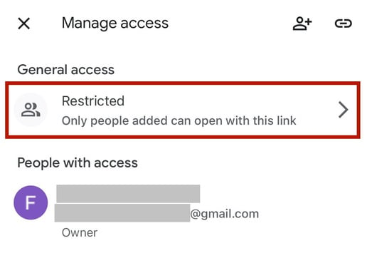 and image of Google Manage access screen with a box around the location to change access