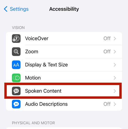 accessibility settings on iphone showing Spoken Content