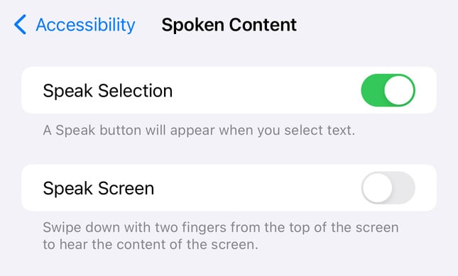 iphone Spoken Content Menu