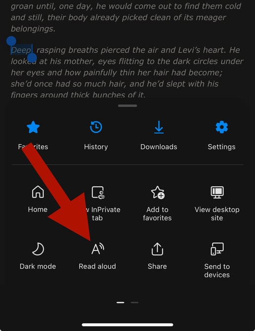 an image of the Edge Settings menu with an arrow pointing to Read Aloud