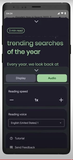 an image of the audio settings menu in Reading mode with showing the speed and voice options