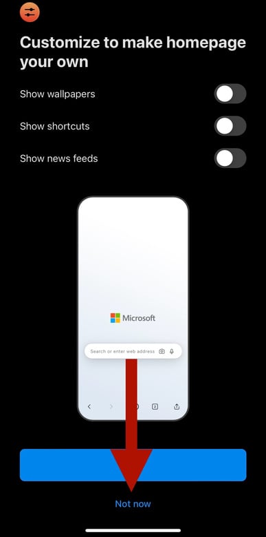 an image of the setup for Microsoft Edge with an arrow pointing to Not Now