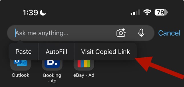 an image of the edge search bar where links can be pasted by tapping Visit Copied Link