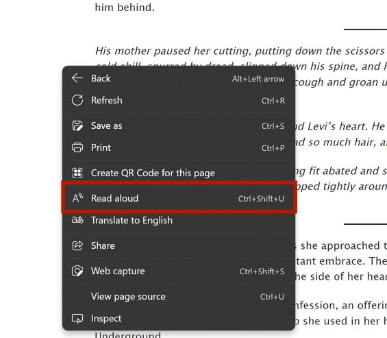 an image of the right-click menu on a webpage with a box around the Read Aloud option