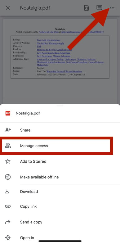 The Google Docs mobile screen with an arrow pointing to the menu and a box around Manage Access.