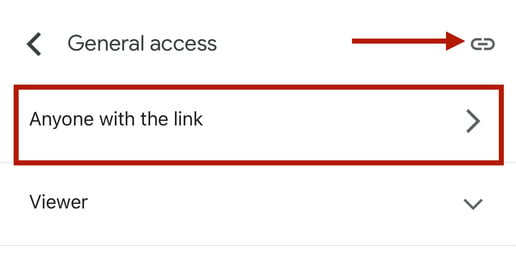 an image with the Google Docs access menu open and a box around "anyone with the link"